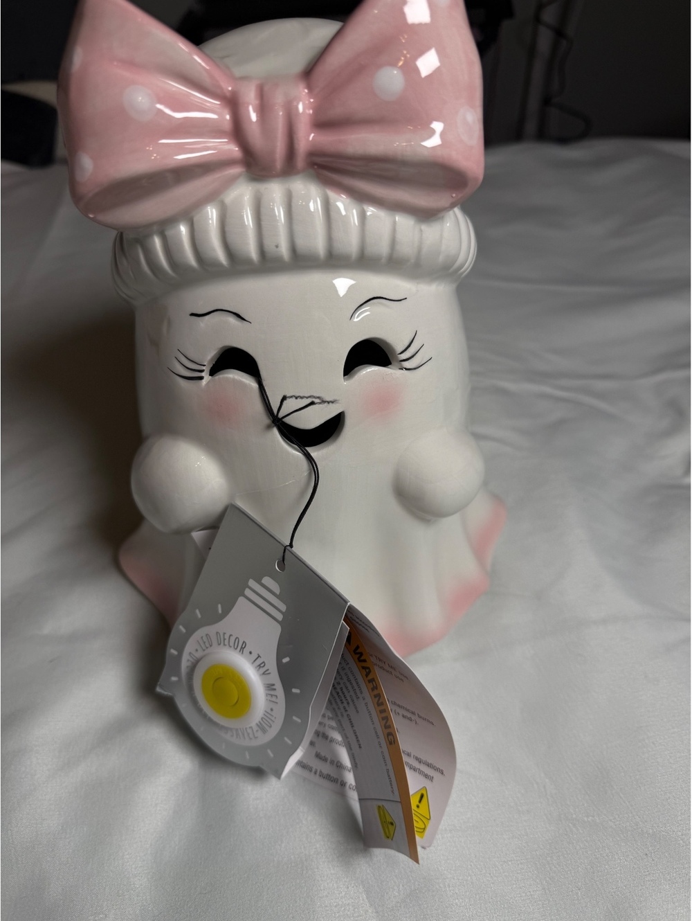 Ceramic Ghost Figurine with Pink Bow Halloween Decor